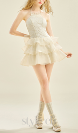 HALTER RUFFLE TRIM MINI DRESS IN APRICOT