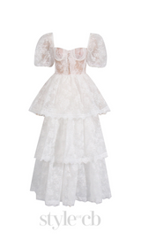 PUFF SLEEVE LACE MAXI DRESS IN WHITE