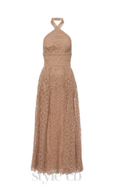 MACRAMÉ HALTERNECK COTTON-BLEND MIDI DRESS IN NUDE