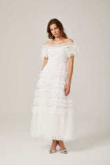 joyce ruffled tulle tiered strapless midi dress in white