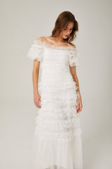 joyce ruffled tulle tiered strapless midi dress in white