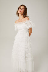joyce ruffled tulle tiered strapless midi dress in white