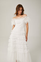joyce ruffled tulle tiered strapless midi dress in white