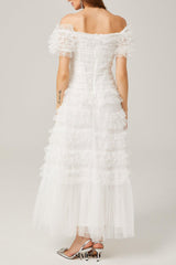 joyce ruffled tulle tiered strapless midi dress in white
