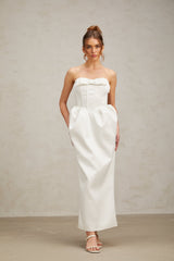 josephine bow satin strapless maxi dress in white