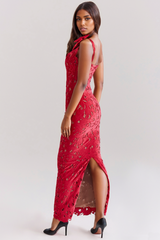 hermosa Bow Strap Embroidered Lace Maxi Dress in red