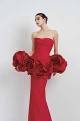 red strapless maxi dress with flower embellishments
