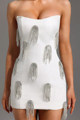 Flor Sleeveless Diamond Tassels Mini Dress in white