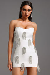Flor Sleeveless Diamond Tassels Mini Dress in white