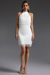 vanessa Halter Sleeveless Tassel Bandage Mini Dress in white