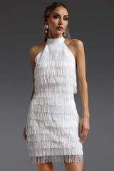 vanessa Halter Sleeveless Tassel Bandage Mini Dress in white