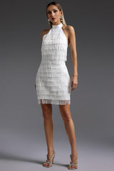 vanessa Halter Sleeveless Tassel Bandage Mini Dress in white
