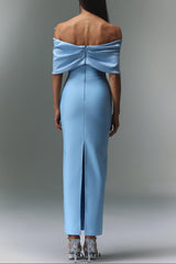 marina blue one-Shoulder Bow Bandage satin Maxi Dress