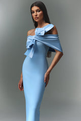 marina blue one-Shoulder Bow Bandage satin Maxi Dress