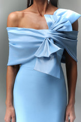 marina blue one-Shoulder Bow Bandage satin Maxi Dress