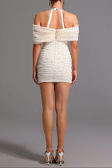 joa Halter Off-The-Shoulder Bow Mini Dress in apricot