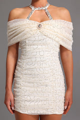 joa Halter Off-The-Shoulder Bow Mini Dress in apricot