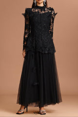 yvette black Long Sleeve Folds Lace Butterfly Top And Skirt Two-Piece Set