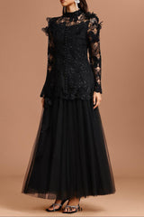 yvette black Long Sleeve Folds Lace Butterfly Top And Skirt Two-Piece Set