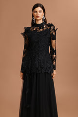 yvette black Long Sleeve Folds Lace Butterfly Top And Skirt Two-Piece Set