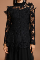yvette black Long Sleeve Folds Lace Butterfly Top And Skirt Two-Piece Set