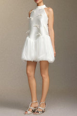 jessie white Strapless satin sleeveless puffy mini dress