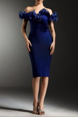 alisa Off-Shoulder Flounce Bandage Blue Midi Dress