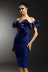 alisa Off-Shoulder Flounce Bandage Blue Midi Dress