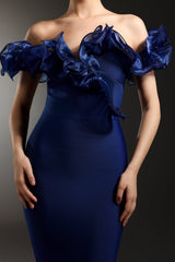 alisa Off-Shoulder Flounce Bandage Blue Midi Dress