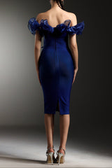 alisa Off-Shoulder Flounce Bandage Blue Midi Dress