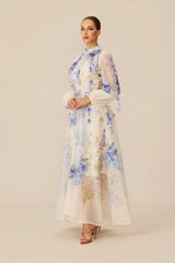 sandra Blue Floral Print puff sleeve Maxi Dress