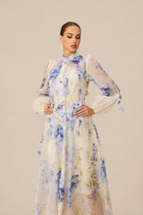 sandra Blue Floral Print puff sleeve Maxi Dress
