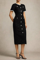 Round Neck Short Sleeves sequin Maxi Dress in black