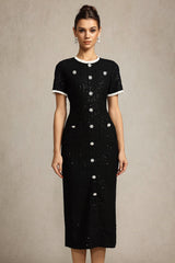 Round Neck Short Sleeves sequin Maxi Dress in black