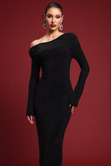 natividad Contour One Shoulder Crystal Maxi Dress in black