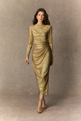 michelle Gold Floral Embellished Texture Midi Dress