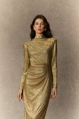 michelle Gold Floral Embellished Texture Midi Dress