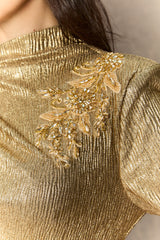 michelle Gold Floral Embellished Texture Midi Dress