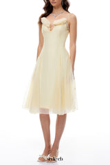 kristin Yellow Floral Appliqué Tulle Midi Dress