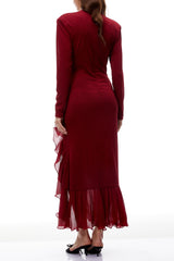 joyce Red Ruffled Gathered high slit Knit Midi Dress
