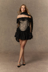 delia Black Off Shoulder Lace Corset Mini Dress