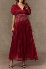 myra Burgundy V-neck Embellished Maxi Dress