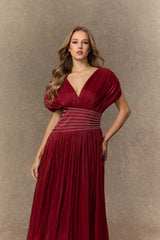myra Burgundy V-neck Embellished Maxi Dress