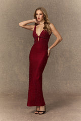 olivia Burgundy Beaded Plunging V‑Neck Maxi Dress