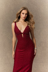 olivia Burgundy Beaded Plunging V‑Neck Maxi Dress
