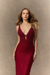 olivia Burgundy Beaded Plunging V‑Neck Maxi Dress