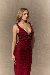 olivia Burgundy Beaded Plunging V‑Neck Maxi Dress