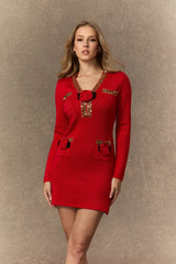 ella v-neck Red Sequin Trim Knit Mini Dress