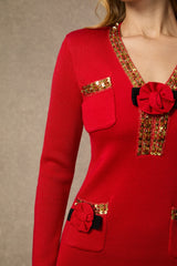 ella v-neck Red Sequin Trim Knit Mini Dress