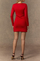 ella v-neck Red Sequin Trim Knit Mini Dress